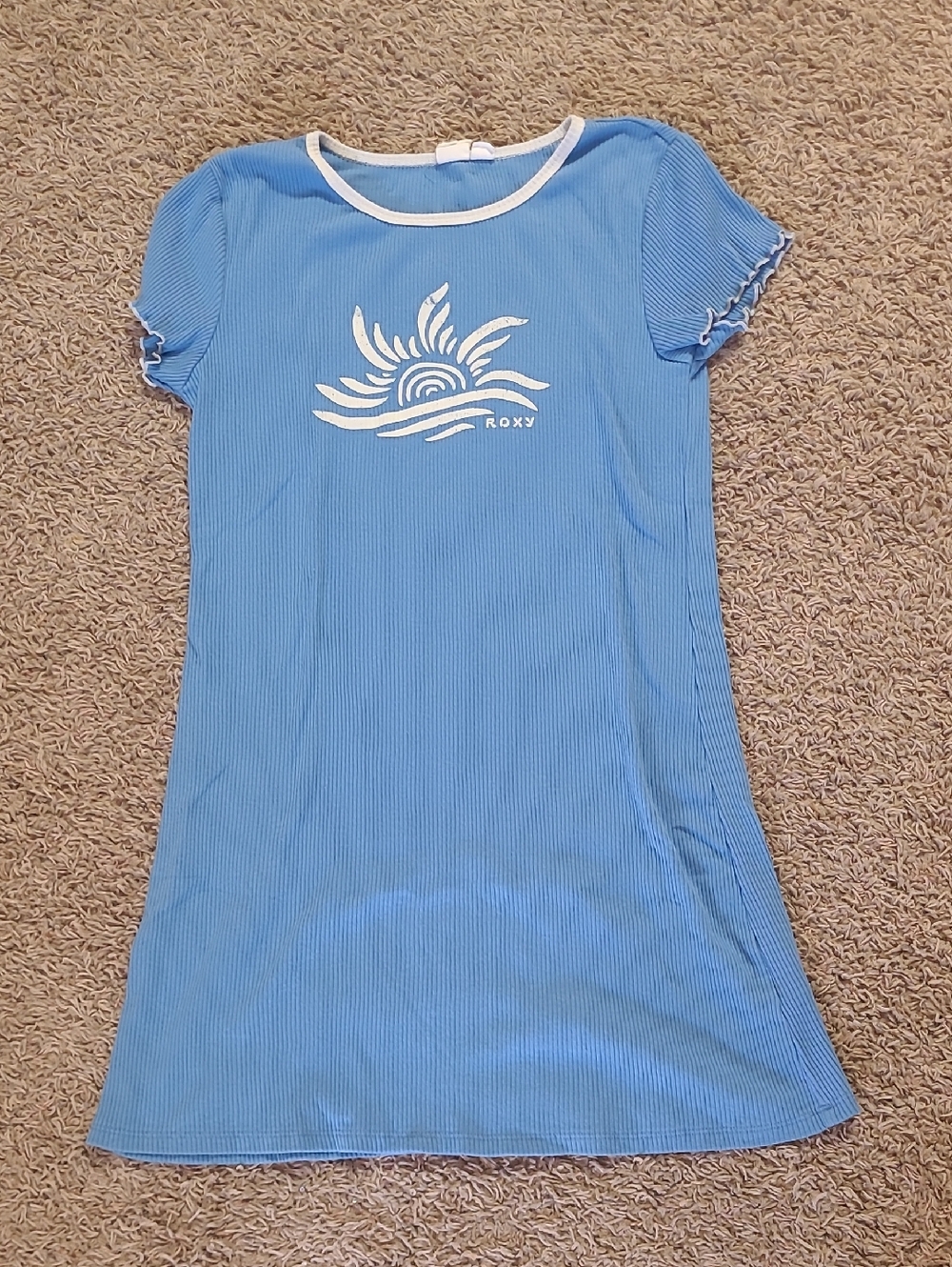 Roxy Light Blue Ribbed Tee Dress with White Sun Graphic Girls Size Large 14/16